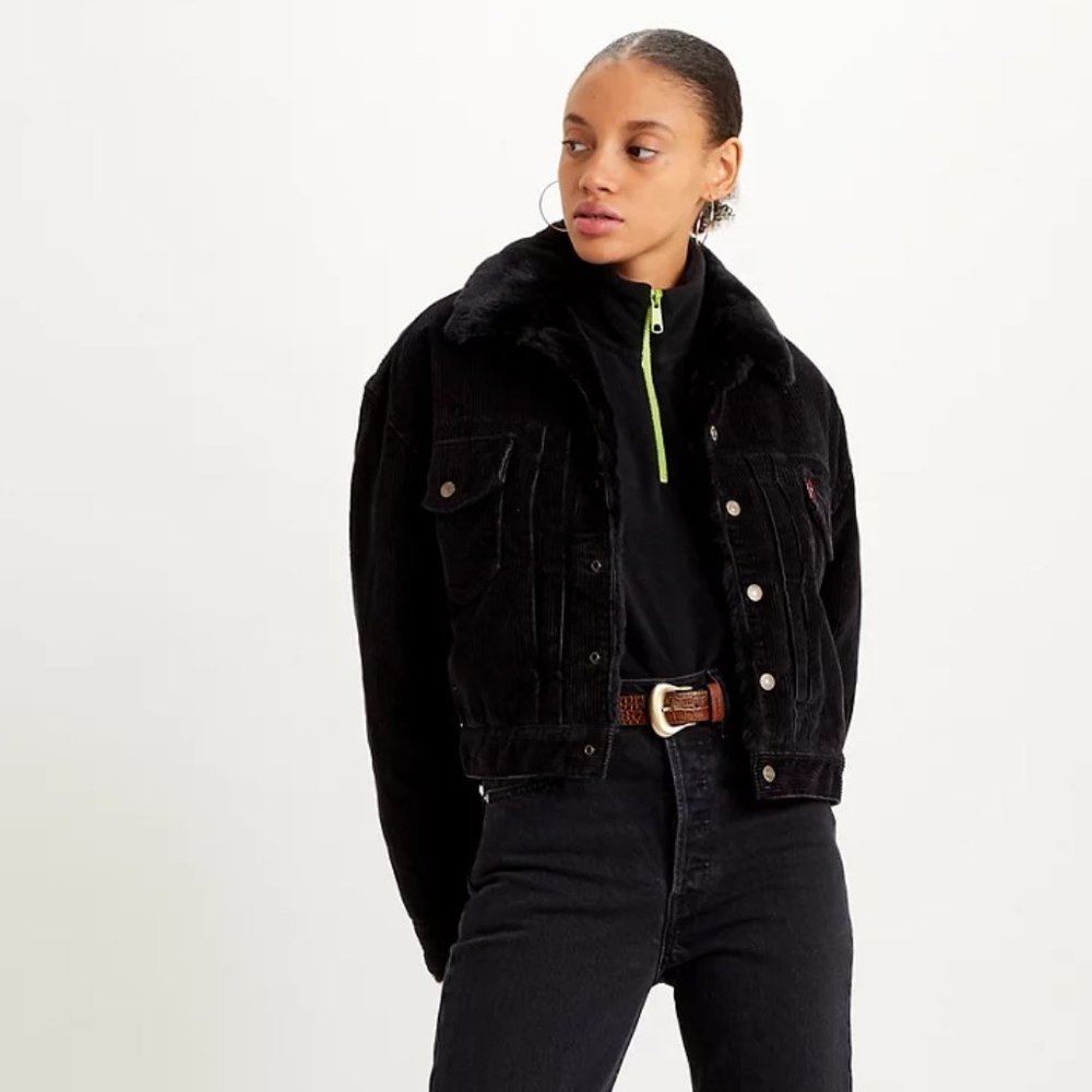 Levi's NWT Heritage Corduroy Sherpa Trucker Jacket in Black w/Black Faux Fur